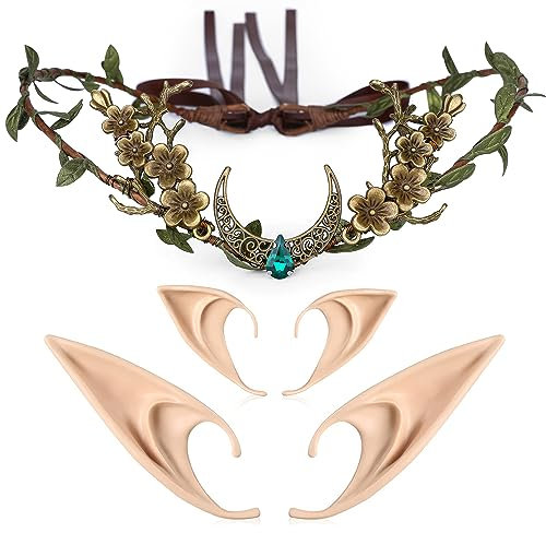 MOSTORY Woodland Leaf Crown Headpiece with Elf Ears Set for Cosplay Halloween Renaissance