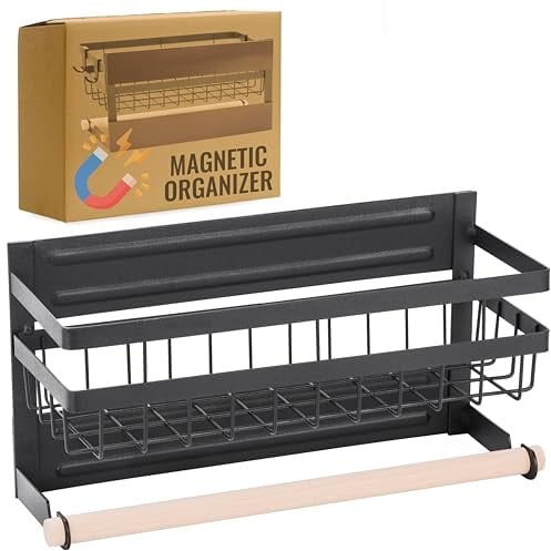 RICOO Gewürzregal Magnetisch mit Küchenrollenhalter ohne Bohren, KR005, Gewürz Organizer, Kühlschrank Regal, Papierrollenhalter, Gewürzregal Wand, Gewürzregalsystem, Gewürzaufbewahrung, Schwarz