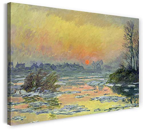 Leinwandbild (40x30cm) Claude Monet: Sonnenuntergang auf der Seine im Winter, Leinwand auf Keilrahmen gespannt und fertig zum Aufhängen, hochwertiger Kunstdruck aus deutscher Produktion