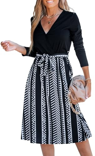 CUPSHE Women Long Midi Dress Wrap V Neck Long Sleeve Geo Print Belted Waist A-Line Casual Party Cocktail Long Woven Dress Black L