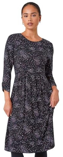 Roman Originals Shift Dress with Pockets for Women UK - Ladies Summer Autumn Winter Smart Casual Work Short 3/4 Sleeve Tunic Knee Length Pleated Gathered Waist Tea Loose - Black & Multi - Size 12