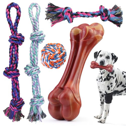 GaiusiKaisa XL Cotton Rope Toys for Aggressive Chewers, 5 Pcs Indestructible Dog Bones for Large & Med Dogs