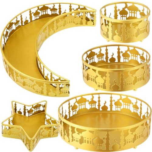 meekoo Ramadan-Serviertabletts Eid Mubarak, rund, Halbmond-Sternform, Metall, Speisetabletts zum Servieren von Speisen, Zuhause, islamisch, muslimisch, Party, Dekoration, Tisch (Gold,
