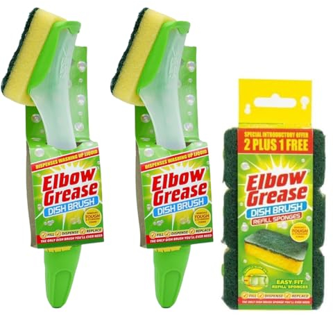 2X Elbow Grease Fillable Washing Up Brush with Sponge- Ergonomic design handle - with 3X Elbow Grease Sponge Refills