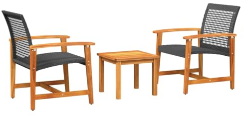 vidaXL Bistro Set 3-TLG., Balkongarnitur mit Metallgestell, Balkonmöbel mit Rückenlehne Armlehnen, Gartengarnitur Gartenmöbel Gartentisch, Schwarz Poly Rattan Akazienholz