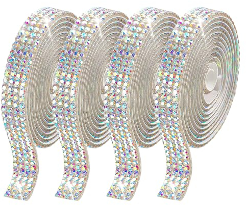 Hugfads 4 Rouleaux De Ruban De Strass A Coller Avec Pierres De Cristal Pour DIY, Décoration De Mariage Et De Fête – Ruban Diamant Brillant (AB)