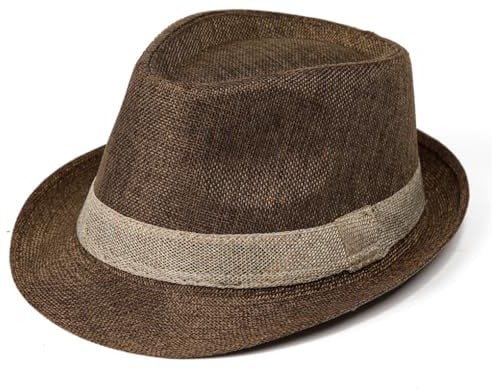 OhMill Gentlemen Straw Sun Hat Men's Dad's Bucket Panama Fedora Trilby Hat Short Brim Jazz Cap for Men Coffee