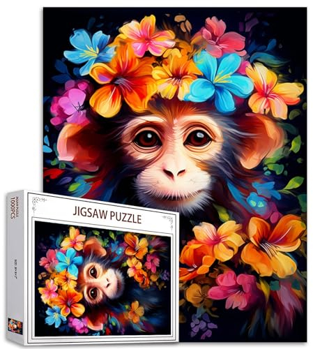 Tucocoo Affen-Blumen-Puzzle, 1000 Teile Puzzles für Erwachsene, niedliche Tierkunst-Puzzles für herausfordernde Familienaktivitätsspiele, 70 x 50 cm, DIY-Handarbeitspuzzle für Heimdekoration