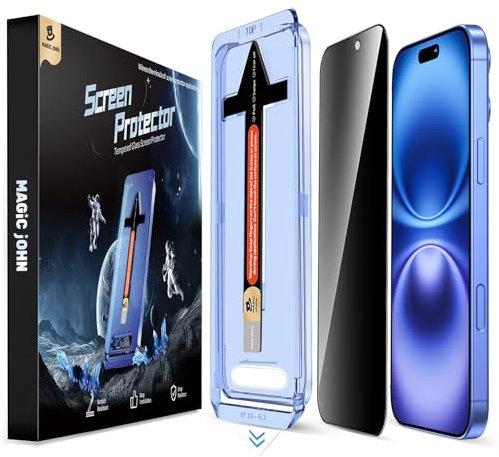 MAGIC JOHN 2 Pack for iPhone 16 Privacy Screen Protector 6.1 inch, Anti Spy Tempered Glass Film, Auto Dust-Elimination Installation, Bubble Free, Case Friendly