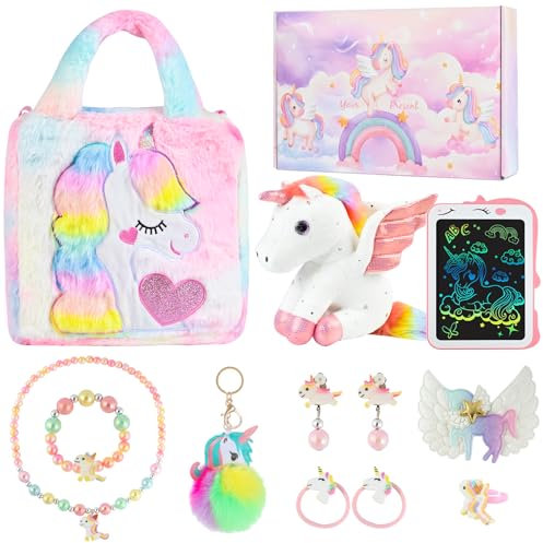 Euakee Einhorn Geschenke für Mädchen, Prinzessin Geschenk für Kinder Mädchen 3-8 Jahren, Einhorn Kuscheltier Zaubertafel Handtasche Schmuckset Weihnachten Geburtstagsgeschenk (Bunt)