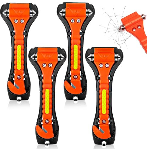 mizikuu 4 Piezas Martillo de Seguridad para Coche, 2 en 1 Rompe Cristales y Cinturones Cortador Cinturon de Seguridad Afilado para Martillo De Emergencia Kit de Rescate y Supervivencia con Silbato
