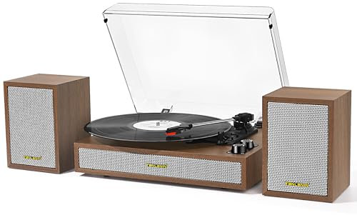 Vinyl Record Player with External Bookshelf Speakers, 33-1/3 45 78 RPM Vintage Bluetooth Stereo Turntable for Vinyl Records,Belt-Driven System,Dust Cover,Auto-Stop, Support AUX/RCA, Tan Oak Finish