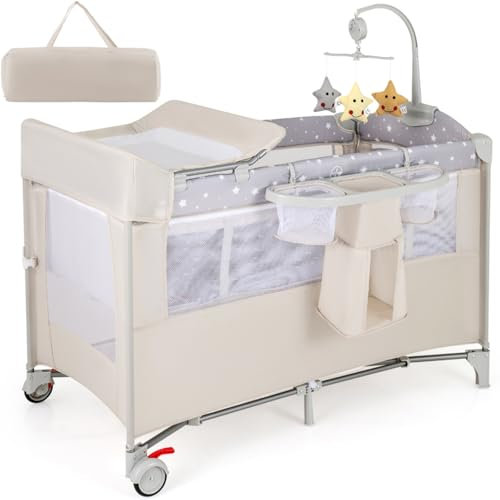 Maxmass 5 in 1 Baby Travel Cot, Foldable Infant Crib with Lockable Wheels, Bassinet, Mattress, Storage Rack, Music Box, Hanging Toys and Carry Bag, Newborn Activity Center for 0-36 Months (Beige)
