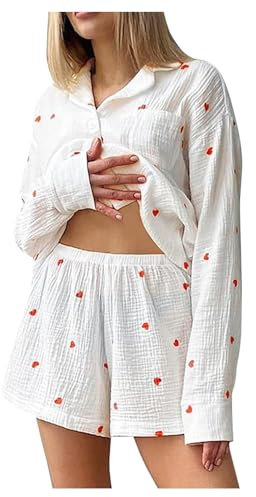 Pyjama 2 pièces tendance pour femme avec imprimé cœur - Short doux et décontracté - Vêtements de maison - Cache-maillot de bain - Barboteuse, blanc, L