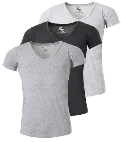 Young & Rich Herren Uni T-Shirt mit extra tiefem V-Ausschnitt Slimfit Stretch Dehnbare Passform einfarbiges Basic Shirt - 3er Pack, Grösse:3XL, Farbe:Grau/Dunkelgrau/Hellgrau