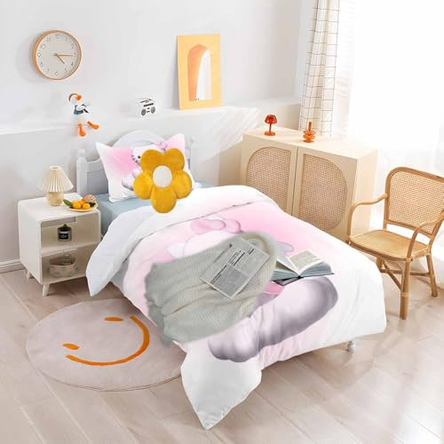 QROXY Hello Kity Bettwäsche Set Bettbezug Mit Reißverschluss 100% Mikrofaser Bettwäsche-Sets Für Junge Mädchen 3D Druck Cartoon Tier Kinderbettwäsche (8,135 x 200 cm)
