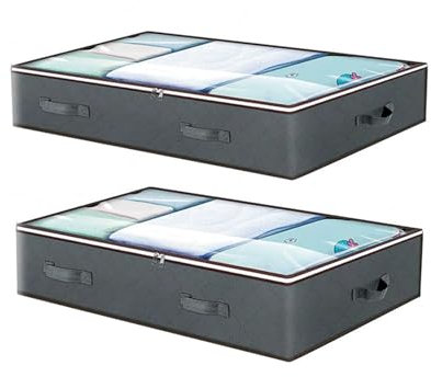 lisetar Underbed Storage Boxes, 90L Foldable Organisers with Reinforced Handles & Clear PVC Window, 100x50x18cm, Dustproof, Moisture-Resistant for Bedding, Clothes & Seasonal Storage