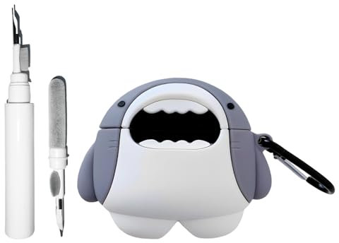 CaseGame - Custodia in silicone 3 in 1, compatibile con AirPods 4, con cancellazione attiva del rumore con portachiavi, simpatica custodia antiurto con squalo e kit di pulizia