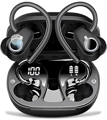 PWTEK Wireless Earbuds,Bluetooth 5.3,Wireless Earphones 50-Hour Playtime,LED Display,Deep Bass Stereo,Noise Cancelling Microphone,IPX7 Waterproof Earphones for Gym/Running/Sport,Black