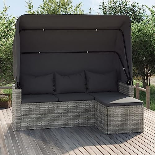 Emmtore 3-Sitzer-Gartensofa mit Dach und Fußhocker Sofa Couch Rattanmöbel Gartenmöbel Sitzgruppen Garten Terrasse Balkon Grau Poly Rattan