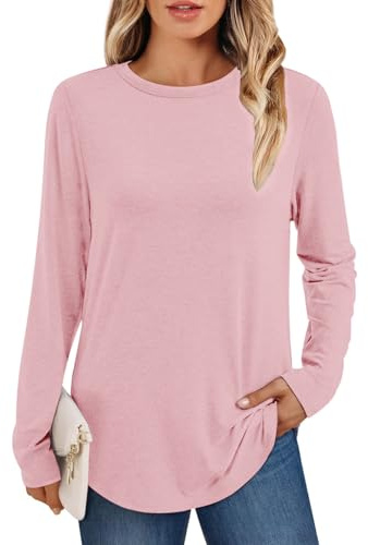 AirMood Women Casual Plain Long Sleeve Tshirts Tunic Tops Crewneck Loose Fit T Shirts (Pink,M)