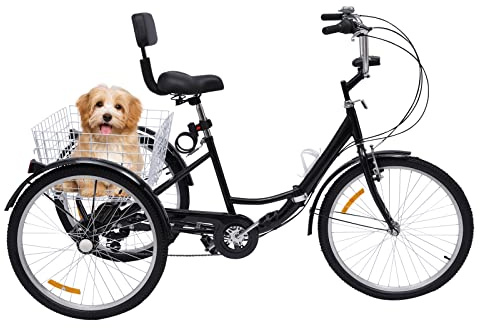24 Zoll Dreirad Erwachsene 7-Gang faltbar Schwarz - Klappbares Trike mit Rückenlehne & Einkaufskorb, 95kg Traglast, Getränkehalter & Scheinwerfer für Städte Strände Radwege und Alle Arten Von Straßen