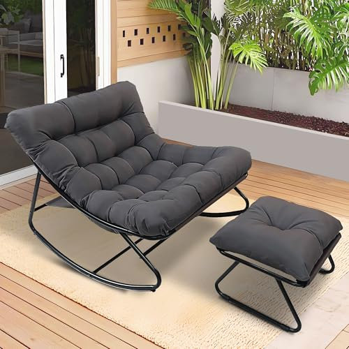 HavenGlide Schaukelstuhl Schaukelsessel Extra Groß mit Kissen und Hocker | Outdoor Schwingsessel aus Metall | Bequemer Relaxstuhl bis 150 kg Belastbar für Wohnzimmer Terrasse Balkon Garten - Grau