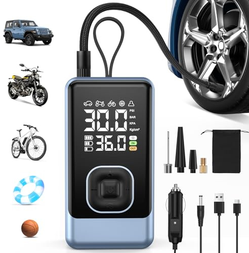 Compresor Aire Portátil - Inflador Eléctrico 6000mAh sin Cable con 4 Modos Predeterminados/Doble Pantalla de Presión en Tiempo Real/Función Power Bank | 45L/Min Inflado Rápido