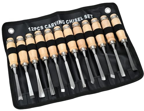 Lot de 12 burins à bois pour le travail du bois avec extrémité de marteau en acier, outils de tournage professionnels pour artisans, charpentiers, débutants, pour sculpture de précision et projets de