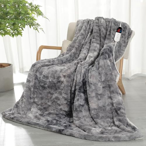 COZYTY Wärmedecke – Heizdecke Mit Abschaltautomatik 130×180cm, Grau-Schwarz | 6 Heizstufen & 10h Auto-Abschaltung, Überhitzungsschutz, Maschinenwaschbar — Tie-Dye Fleece Heizdecke für Home & Office