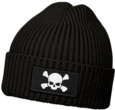 Neverless® Herren Beanie Wintermütze mit Patch Skull Totenkopf Aufdruck Print Strickmütze Rippstrick Schwarz Unisize