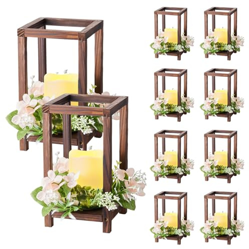 VEVOR Set Lanterna Portacandele Decorativa in Legno 10 Pezzi Portacandele Lanterna in Legno Candele LED Senza Fiamma, Ghirlande Fiori Champagne Decorazioni da Tavolo Carico 6,08 kg per Matrimoni