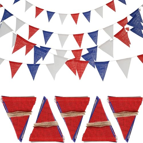 Wimpelkette Jute,5 Stück 20M Vintage Girlande Outdoor Wetterfest,Wimpelgirlande Wimpelketten Boho mit 60 STK Wimpel für Hochzeiten, Geburtstage, Partys und Garten Dekoration(Rot, Blau und Weiß)
