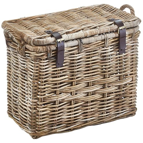 Kobolo Aufbewahrungskorb Rattan 61x33x46 cm grau – geflochtener Allzweckkorb mit Deckel & Griffen, stabile Universaltruhe als Aufbewahrungsbox für Wäsche, Decken & Spielzeug, im Landhaus Look