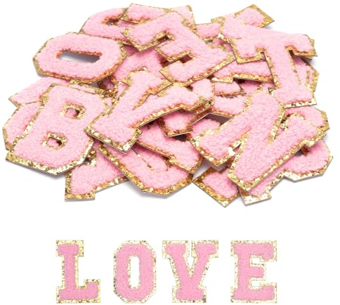 26 Pcs Self Adhesive Letter Patches Chenille A-Z Iron On Letters Alphabet Cloth Patch Personalised Name Stickers Sew On Letters for DIY Clothing Bags Shoes Jackets Fabric Phone Case, Pink