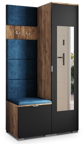 Masseno Flugarderoben Set VIRA, Kleiderschrank-Set mit Spiegel und Sitzbank, Garderobenschrank Flur mit 3 Regalböden, Eiche Lefkas/Schwarz