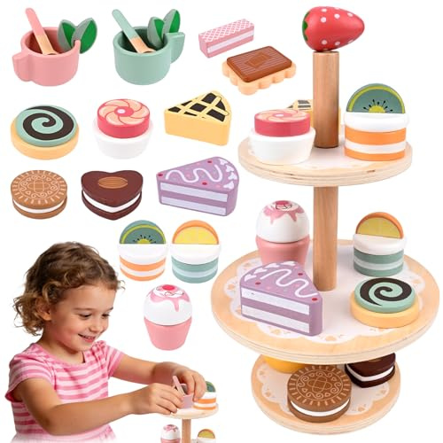 Teeservice Kinder Teeset aus Holz, Dessert-Spielzeug Teeparty Spielküche Rollenspiele Kinderküche Zubehör Holz Kindergeschirr Spielküche Geschenk für Mädchen & Jungen von 3–6 Jahren