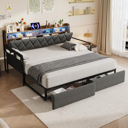 ModernLuxe 3FT Single Day Bed with Trundle & Storage Drawer, 2 Seater Sofa Bed, Walnut Wood Frame, LED Lights & Charging Station, Hidden Headboard Storage, Reversible Pocket, Grey Linen (No Mattress)