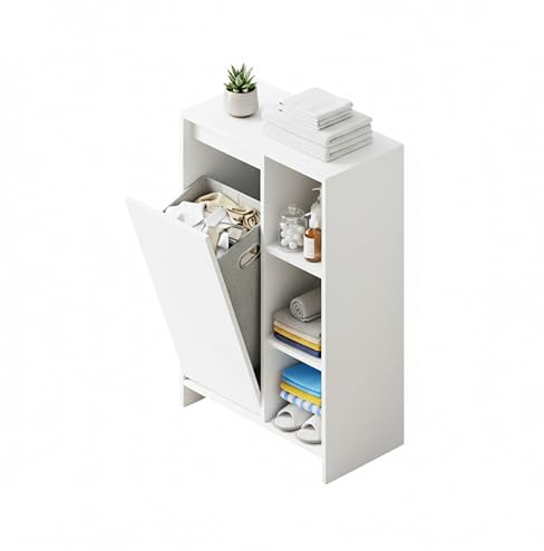 Baroni Home Mobile Portabiancheria con Cesto Estraibile, Armadio Salvaspazio con 3 Ripiani Laterali, Mobile Lavanderia in MDF per Bagno e Lavanderia, 50x30x87 cm (Bianco)
