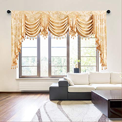 ELKCA Goldener Jacquard-Volant mit Wasserfall-Volant, luxuriöser Vorhang für Wohnzimmer, Stangentasche, Damast-Gold, 190 cm breit, 1 Paneel
