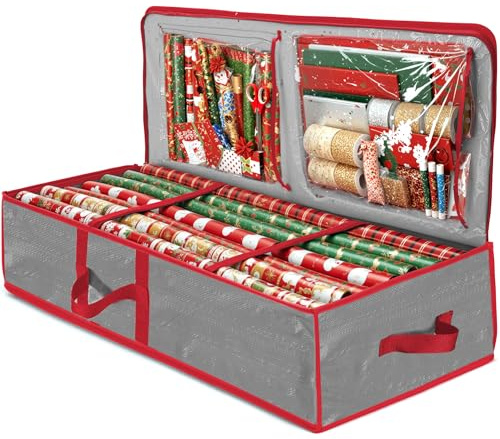 Zober Christmas Wrapping Paper Storage Bag with Interior Pockets - Fits 18-24 Rolls - Gift Wrap Organiser for Christmas Decorations Bows, Tags & Ribbons - Durable Tear Proof Wrapping Paper Storage Box