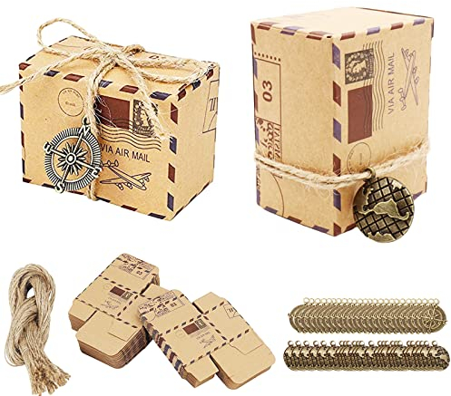 Kraft Papier Geschenkbox,mit Sackleinen Schnüre, Kompass,Mini Globus Zubehör, für Geburtstag Hochzeits Party Geschenken (50pz)