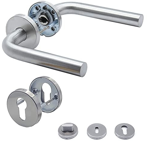 Türgriffe APECS Drückergarnitur zimmertüren INOX Türklinke für Haustür und Innentüren Türbeschlag rund Rosettengarnitur edelstahl matt L-Modell H-0201+PZ, Silber