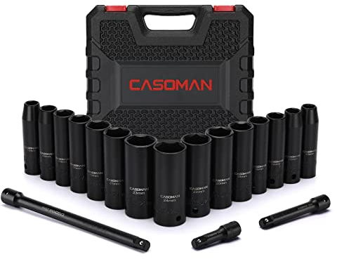 CASOMAN 18PCS 1/2 Drive Impact Socket Set, Deep, Cr-V Steel, Metric, 10mm-24mm, Includes Extension Bars:3-inch, 5-inch, 10-inch