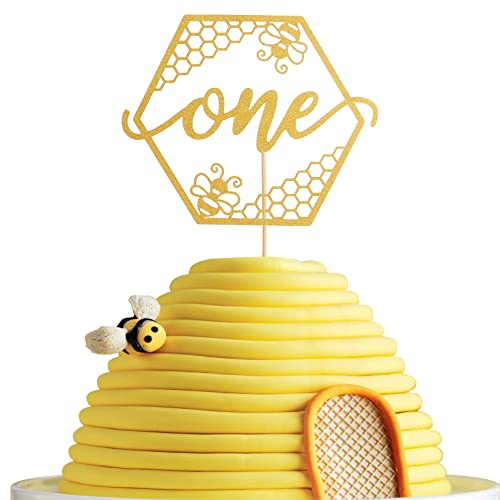 Bumble Bee One Cake Topper – Gold Glitter Honeycomb 1st Cake Topper, Boy Girls Bee Honey Thema First Birthday Party Bee Thema Baby Shower Party Dekoration, Fun To Bee One Honeycomb Cake Topper