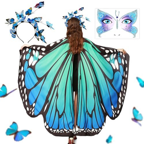 BOFUNX Damen Schmetterling Kostüm Umhang + Schmetterling Haarreif + Schmetterling Gesicht Aufkleber Schmetterlingsflügel Erwachsene für Halloween Fasching Party Cosplay