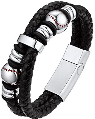 Bestyle Lederarmband Baseball Silber 21cm Herren Armkette mit Magnet Verschluss Armschmuck Accessoire