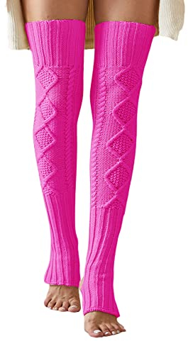 Leoparts Damen Extra Lange Steigbügel Beinstulpen Winter Gestrickt Über Knie Oberschenkel Hohe Fußlose Socken, Knallpink (Hot Pink), Einheitsgröße
