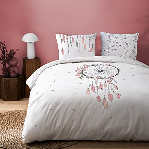 MATT & ROSE Parure de Lit 220x240 cm Attrape Coeur Imprimées Réversibles | 100% Coton | Oeko-TEX | Housse de Couette 220x240 cm + 2 Taies d'oreiller 65x65 cm | Blanc