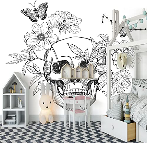 ZAPVI Fototapete 3D Effekt Tapete Blumen & Schmetterlinge & Totenköpfe Größe:W400CMxH280CM Vliestapete 3D Tapeten Wanddeko Wandbilder Wohnzimmer